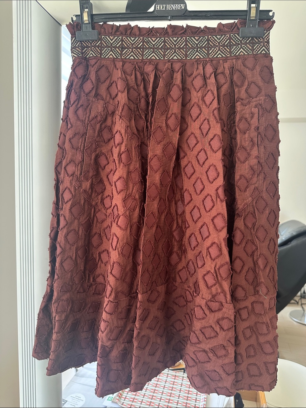 Maeve Brown Textured A-Line Midi Skirt with Embroidered Waistband